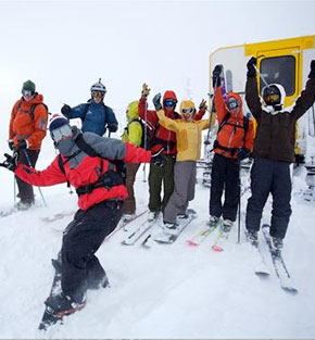 Ski group cheering Ski group cheering