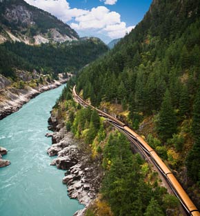 Rocky Mountaineer train travelling through the Canadian Rockies